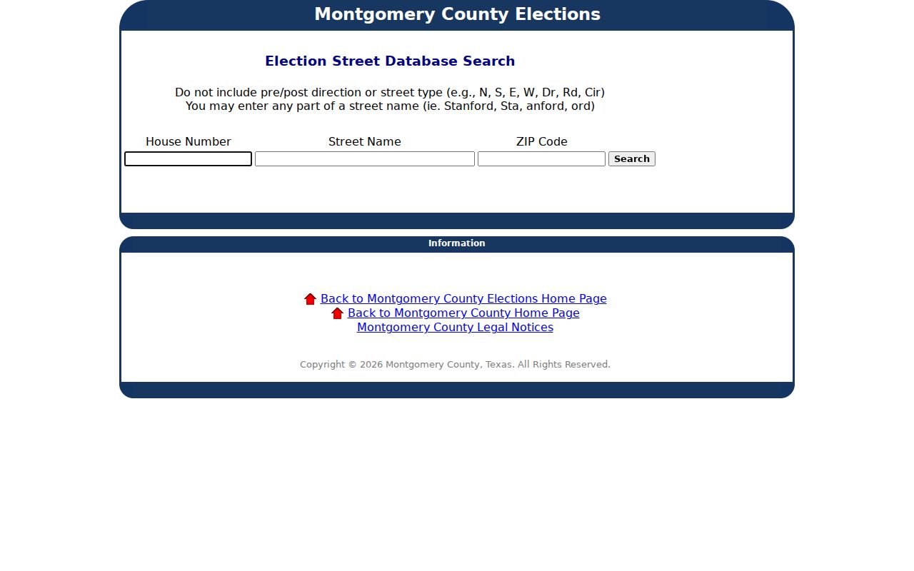 Montgomery County street directory election street lookup fields